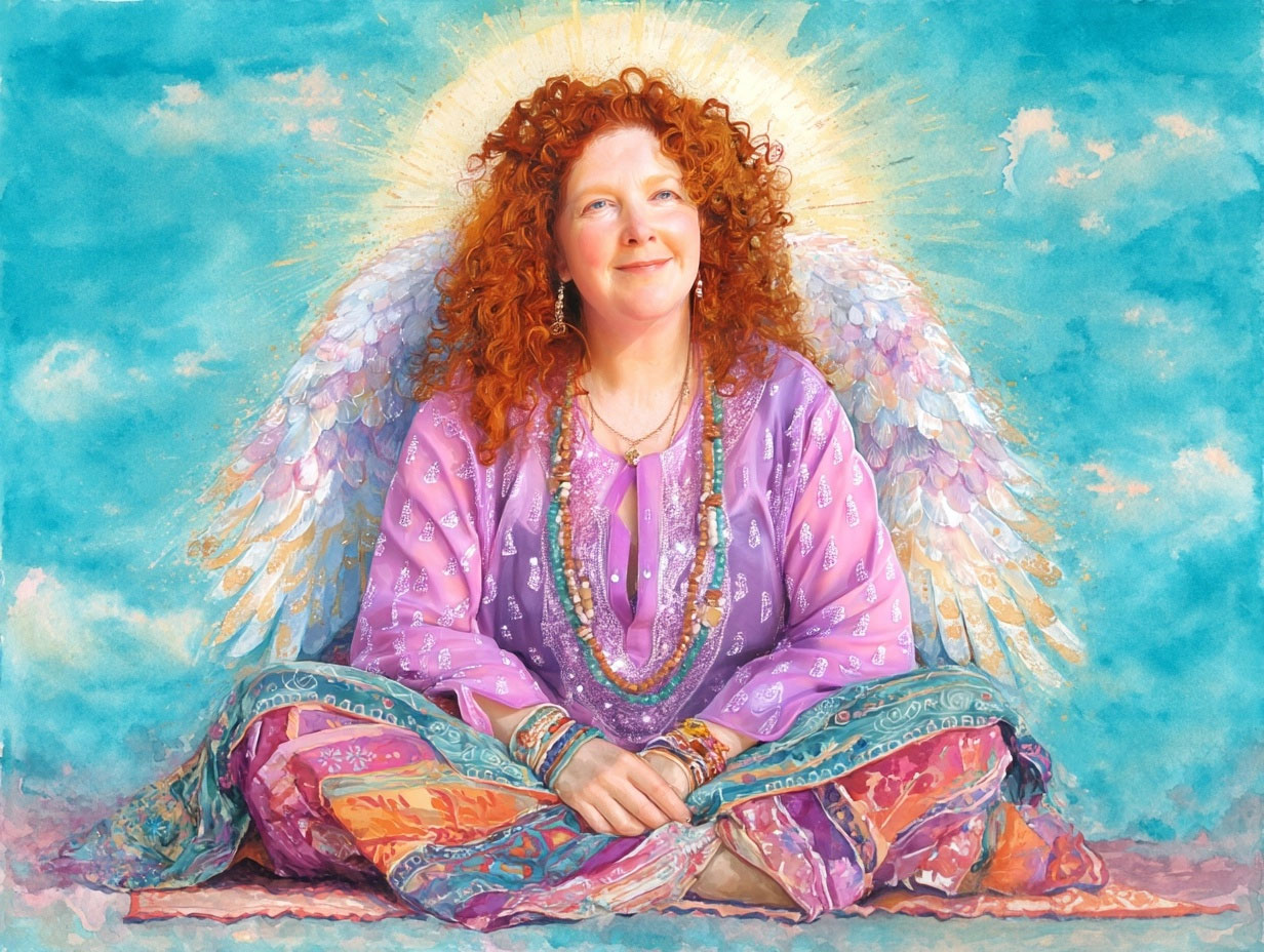angel-laurel a picture of Laurel (a woman with red curly hair). She is portrayed as an angel. There is a blue background with clouds and a halo of light around her head.