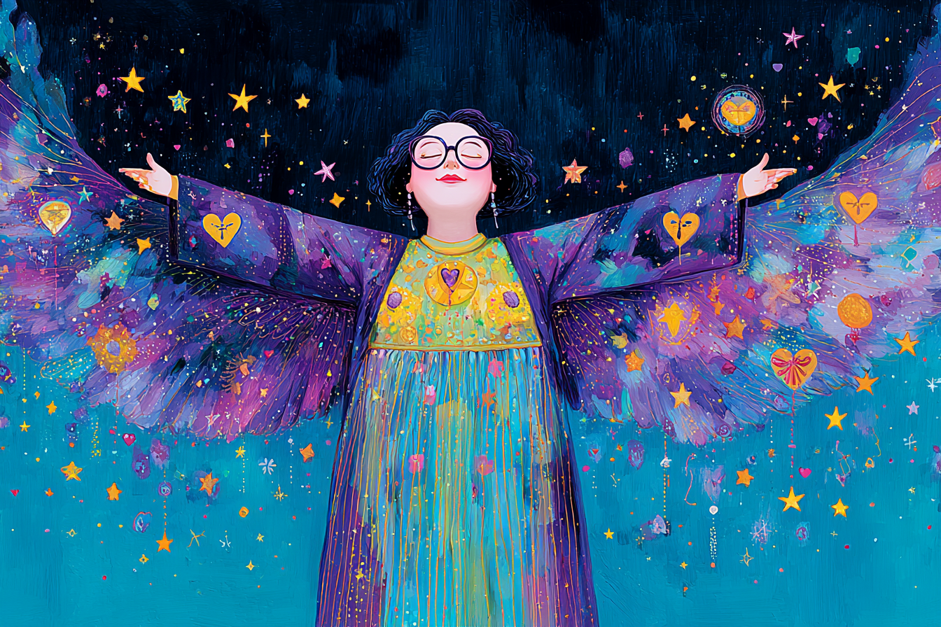 purple angel with hearts